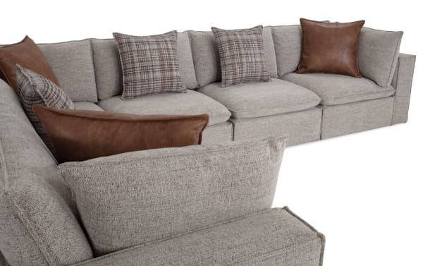 Transitional Infinity Gray 150'' 6-piece modular sectional with 3 armless chairs, 3 corners, gray polyester fabric upholstery, Bob-O-Pedic® seats, feather blend pillows, and Siberian pine frame.