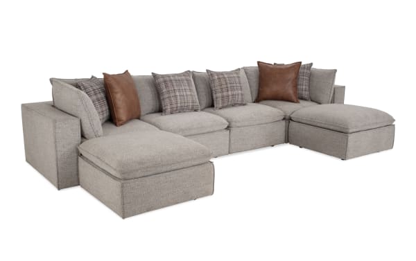 Transitional Infinity Gray 150'' 6-piece modular sectional with gray polyester fabric, Siberian pine frame, 2 armless chairs, 2 corners, 2 ottomans, and mixed feather-polyester accent pillows for customizable comfort.
