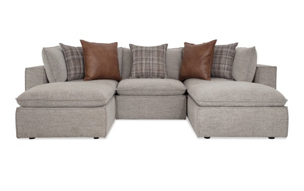 Infinity Gray 117'' 5 Piece Modular Sectional in gray polyester fabric with Bob-O-Pedic® seats, feather blend pillows, and Siberian pine frame, transitional style.