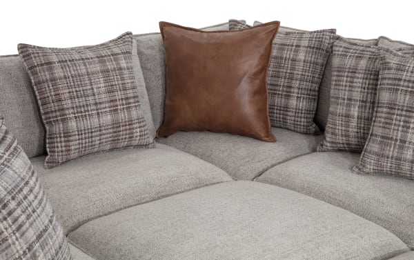 Gray Infinity 147'' 9-piece modular sectional with fabric polyester upholstery, transitional style, includes patterned and brown accent pillows, and cushioned seats.
