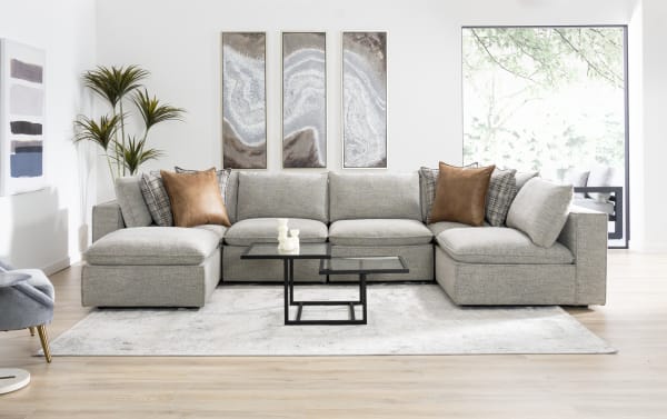 Infinity Gray 154'' 8-piece modular sectional in gray polyester fabric with Bob-O-Pedic® seats, feather blend pillows, and Siberian pine frame, transitional style.