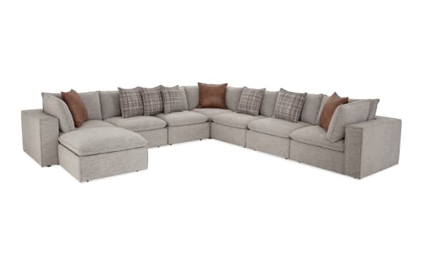 Infinity Gray 154'' 8 Piece Modular Sectional in gray polyester fabric with 4 armless chairs, 3 corners, 1 ottoman, feather-blend pillows, and Siberian pine frame in transitional style.