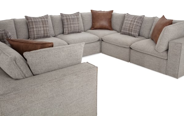 Infinity Gray 151'' 8 Piece Modular Sectional in transitional style with gray polyester fabric, featuring 4 armless chairs, 4 corners, and mixed fabric and leather accent pillows.