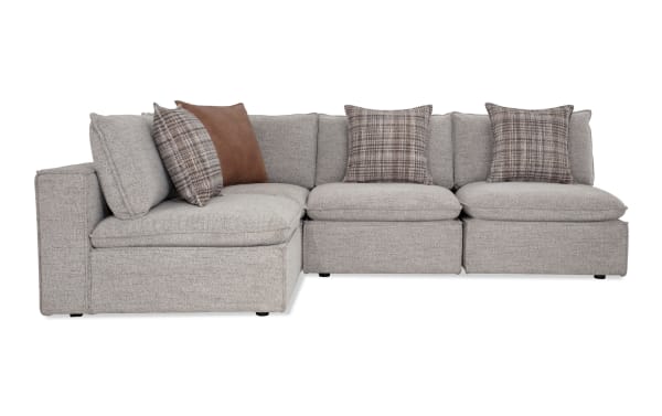Infinity Gray 109'' 4-piece modular sectional with 3 armless chairs and 1 corner, gray polyester fabric, transitional style, feather-blend pillows, and Siberian pine frame.