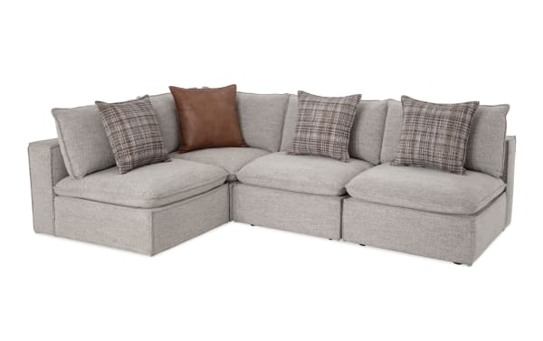 Infinity Gray 109'' 4 Piece Modular Sectional with gray polyester fabric, 3 armless chairs, 1 corner, transitional style, feather blend pillows, and sturdy Siberian pine frame.