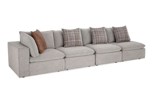 Infinity Gray 109'' 4 Piece Modular Sectional in gray polyester fabric with 3 armless chairs, 1 corner, transitional style, feather-blend pillows, and Siberian pine frame.