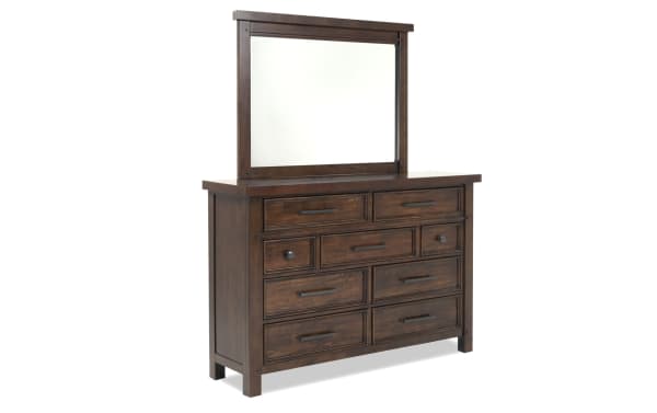 Hudson Pecan 9 Drawer Dresser & Mirror in rustic transitional style, dark wood rubberwood and mango veneers, with pewter metal hardware and felt-lined top drawers.