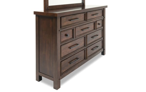 Hudson Pecan 9 Drawer Dresser & Mirror in rustic transitional style, made of rubberwood, pine, MDF, mango veneer, with distressed pecan finish and pewter metal hardware.