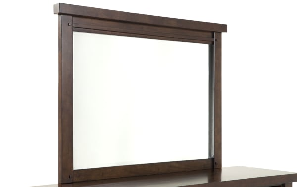 Hudson Pecan 9 Drawer Dresser & Mirror from Hudson Bedroom collection, featuring rustic transitional style, distressed pecan finish, rubberwood and mango veneer frame.