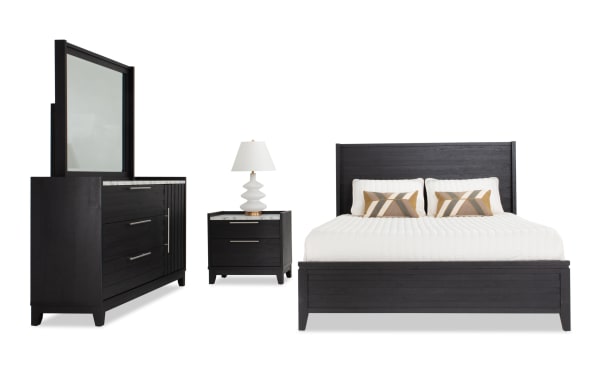 Solitude 4 Piece King Espresso Platform Bedroom Set with contemporary slatted headboard, engineered wood grain, faux marble tops, and metal hardware.
