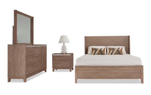 Solitude 4 Piece Twin Light Brown Platform Bedroom Set with engineered wood grain, faux marble tops, contemporary slatted headboard, dresser, nightstand, and adjustable legs.