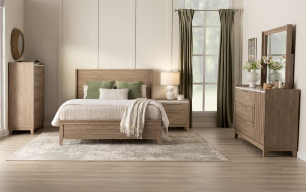 Solitude 4 Piece Twin Light Brown Platform Bedroom Set with engineered wood grain, faux marble tops, contemporary slatted headboard, dresser with drawers and cabinet, and nightstands with metal hardware.