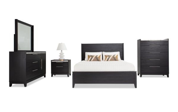 Solitude 5 Piece Full Espresso Platform Bedroom Set with contemporary slatted headboard, engineered wood grain, faux marble tops, and metal hardware.