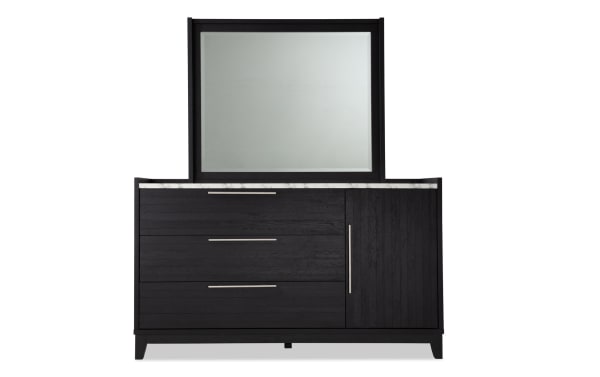 Contemporary Solitude 5 Piece Full Espresso Bedroom Set dresser with engineered wood grain, faux marble top, metal handles, and attached mirror.