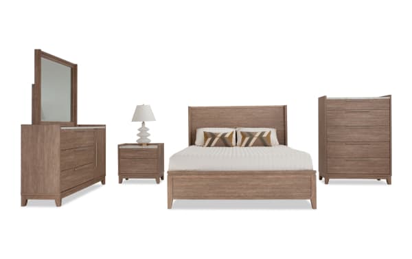 Solitude 5 Piece Twin Light Brown Platform Bedroom Set with engineered wood grain, faux marble tops, contemporary slatted headboard, dresser, nightstand, and chest.
