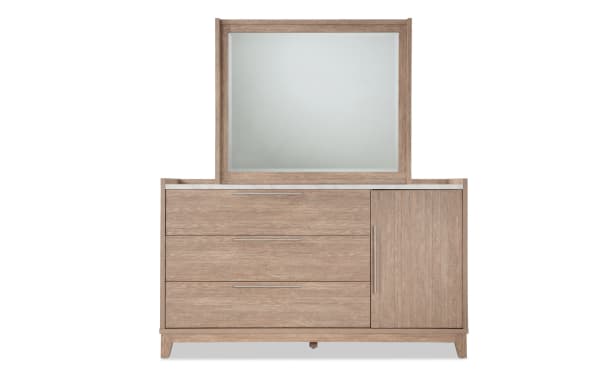 Contemporary Solitude 5 Piece Twin Bedroom Set dresser in light brown engineered wood grain with faux marble top, metal handles, and mirror.
