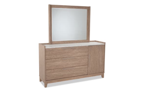 Solitude 5 Piece Twin Light Brown Platform Bedroom Set dresser with faux marble top, engineered wood grain, metal handles, and attached rectangular mirror.