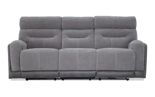 Gray Phantom 86'' transitional power reclining sofa with plush polyester fabric, USB and USB-C ports, and memory foam cushions.
