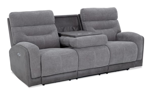 Gray Phantom 86'' power reclining sofa with plush polyester fabric, transitional style, USB and USB-C ports, and center console with cup holders.