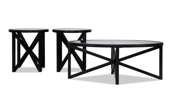Zoey Dark Espresso Oval Glass Top Coffee and 2 End Table Set with MDF frame, beveled glass tops, and transitional style in dark espresso finish.
