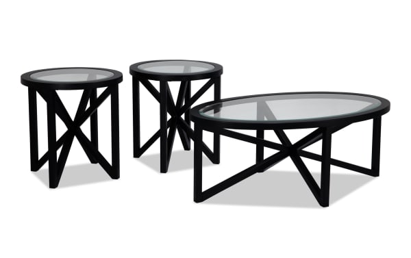 Zoey Dark Espresso Oval Glass Top Coffee & 2 End Table Set with dark espresso MDF frame and beveled glass tops in transitional style.