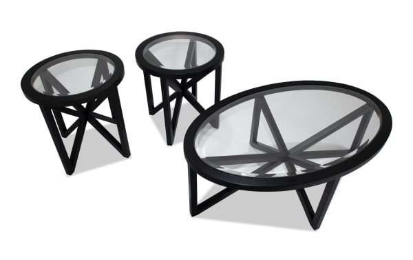 Zoey Dark Espresso Oval Glass Top Coffee & 2 End Table Set with MDF wood frame, beveled glass tops, and transitional dark espresso finish.