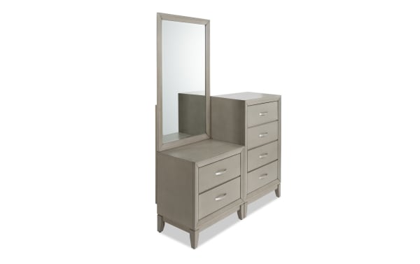 Tremont Gray 6 Drawer Chesser in transitional style with rubberwood solids and veneers, featuring English dovetail drawers and a tall mirror.