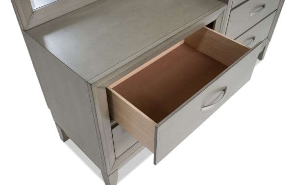 Tremont Gray 6 Drawer Chesser in transitional style with rubberwood solids and veneers, featuring a gray finish, metal handles, and smooth English dovetail drawers for bedroom storage.