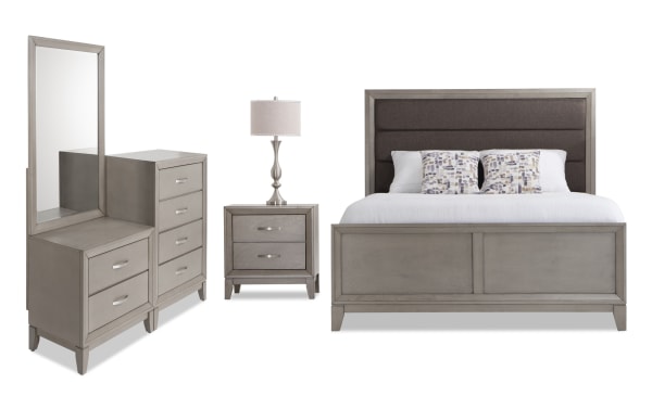 Tremont 4 Piece Queen Gray Panel Bedroom Set with Chesser in transitional style, featuring gray rubberwood solids, polyester fabric headboard, storage drawers, and matching nightstand.