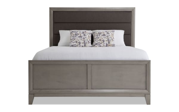 Tremont 4 Piece Queen Gray Panel Bed with fabric-upholstered headboard, rubberwood solids, and transitional style, part of Tremont collection.