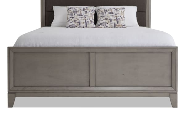 Tremont 4 Piece Queen Gray Panel Bed with gray rubberwood solids frame, fabric polyester upholstered headboard, and transitional style panel footboard.
