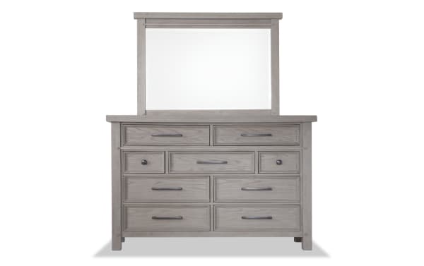 Hudson Gray 9 Drawer Dresser & Mirror in rustic transitional style with distressed gray finish, rubberwood, pine, mango veneer, and pewter hardware.