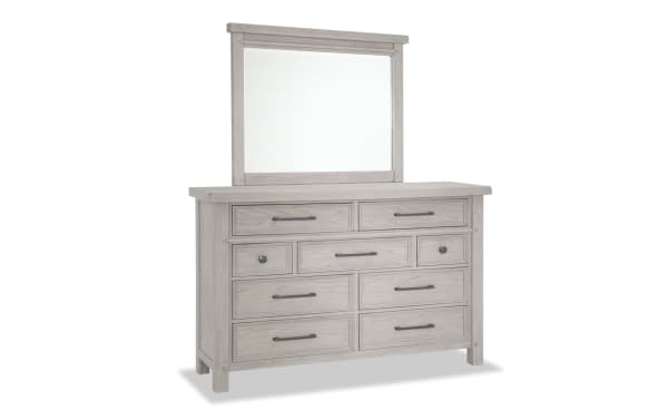 Hudson Gray 9 Drawer Dresser & Mirror from Hudson Bedroom collection, transitional style in distressed gray finish. Made of rubberwood, pine, MDF, mango veneers, and plywood, featuring felt-lined top drawers and pewter-finished metal hardware for rustic, stylish storage.