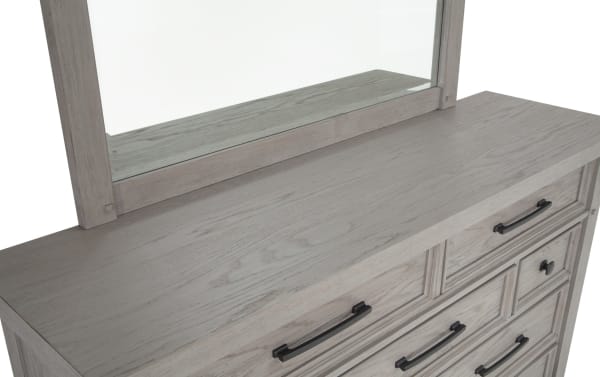 Hudson Gray 9 Drawer Dresser & Mirror with distressed gray finish, black metal handles, transitional style, rubberwood and mango veneer construction, part of Hudson Bedroom collection.