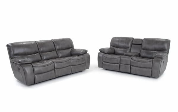Avenger Gray 89'' power reclining sofa and 78'' console loveseat in gray faux leather with memory foam cushions, USB ports, cup holders, and hidden drawer.