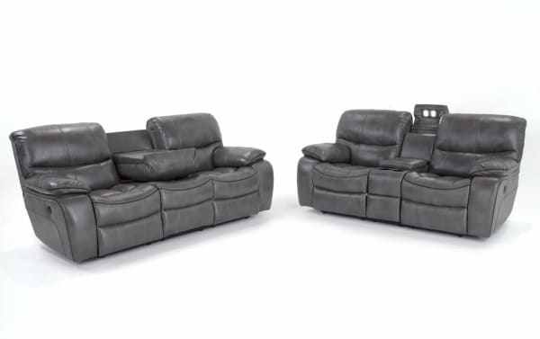 Avenger Gray 89'' power reclining sofa and 78'' console loveseat in gray faux leather with memory foam cushions, USB ports, cup holders, and reading light.