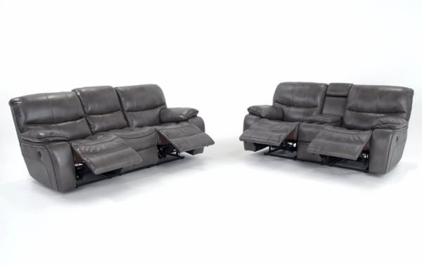 Avenger Gray 89'' power reclining sofa and 78'' console loveseat in gray faux leather with memory foam cushions, USB ports, cup holders, and hidden storage.