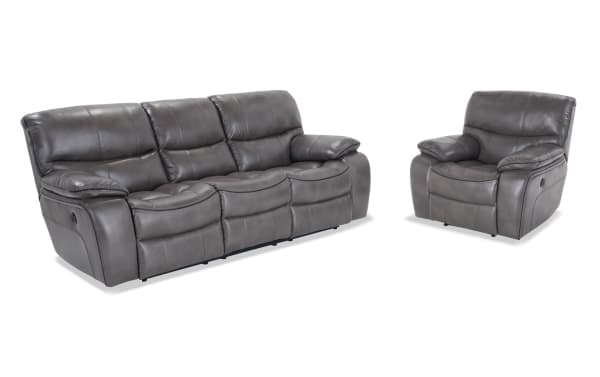 Avenger Gray 89'' transitional power reclining sofa and recliner set in gray faux leather with memory foam cushions, USB ports, and drop-down middle seat with cup holders.