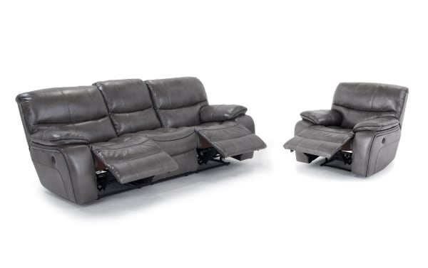 Avenger Gray 89'' power reclining sofa and recliner set in gray faux leather with transitional style, memory foam cushions, USB ports, and cup holders.