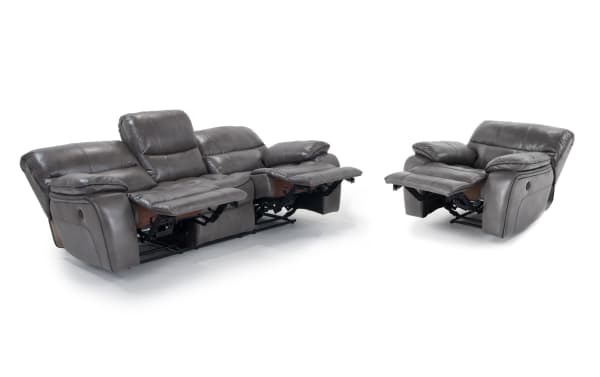 Avenger Gray 89'' power reclining sofa and recliner set in gray faux leather with Bob-O-Pedic memory foam cushions, USB ports, and cup holders.