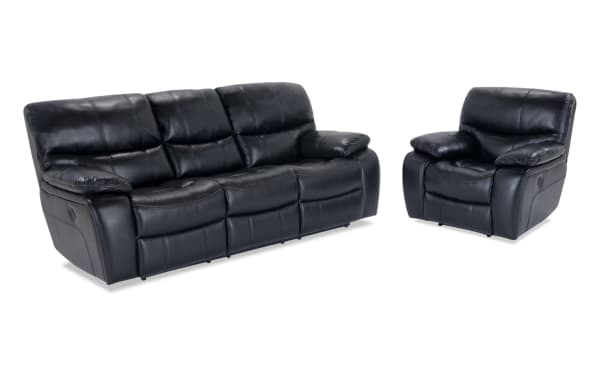Avenger Black 89'' power reclining sofa and recliner set in black faux leather with transitional style, memory foam cushions, USB ports, and cup holders.