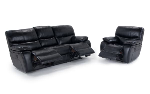 Avenger Black 89'' power reclining sofa and recliner set in black faux leather with memory foam cushions, USB ports, and drop-down middle seat with cup holders.