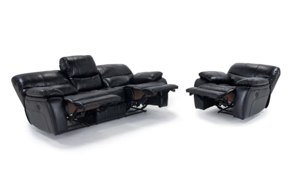 Avenger Black 89'' Power Reclining Sofa and Recliner in black faux leather with memory foam cushions, USB ports, cup holders, and transitional style.