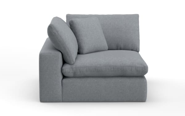 Dream Gray Corner Chair in gray polyester-nylon fabric with oversized reversible cushions and accent pillow, transitional style modular seating.