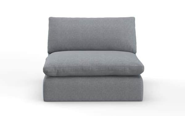 Dream Gray Armless Chair in gray polyester fabric from the Dream collection, featuring oversized reversible cushions with a soft jersey knit and feather blend topper, perfect for customizable modular sofas in a transitional style.