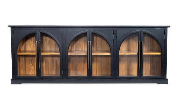 Black 6 Door Arch Cabinet in contemporary style with MDF frame, six arched glass doors, and acacia plank backing for elegant display storage.