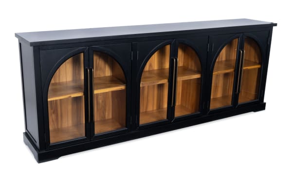 Black 6 Door Arch Cabinet in contemporary style, made of MDF with black frame and acacia plank interior, featuring six arched glass display doors.