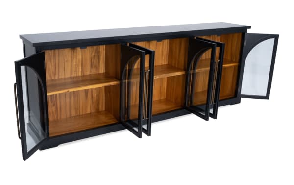 Contemporary Black 6 Door Arch Cabinet with MDF frame and acacia plank interior, featuring six glass display doors for showcasing decor.