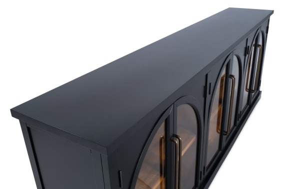Contemporary black 6 door arch cabinet made from MDF with glass display doors showcasing acacia plank shelves for elegant storage and display.