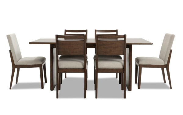 Mango 7 Piece Brown & Beige Solid Mango Wood Dining Set with 72" Table, 4 Bob-O-Pedic panel back chairs, 2 upholstered beige polyester chairs, contemporary style